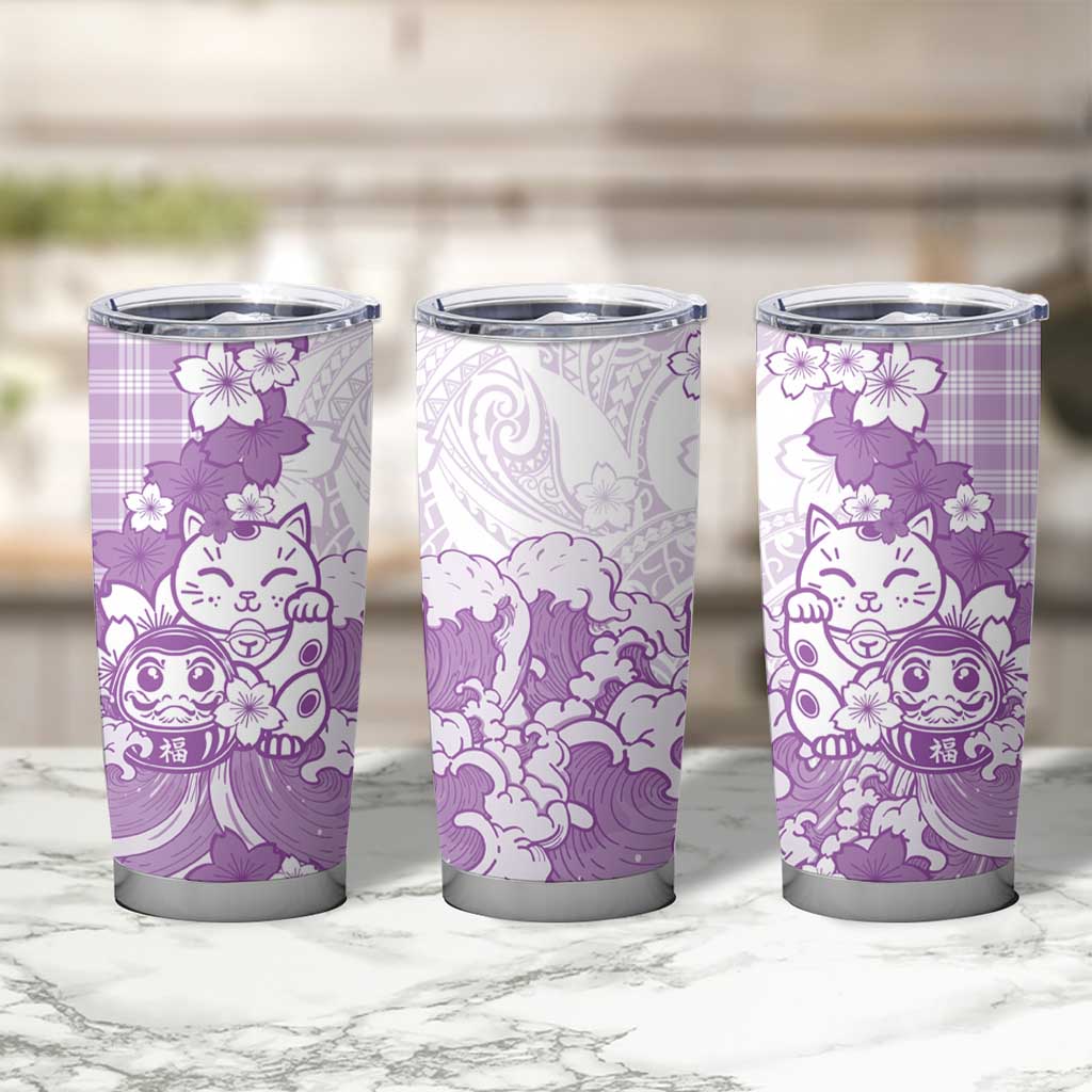 Purple Palaka Hawaiian And Japanese Tumbler Cup Maneki Neko And Sakura Bloom DT05 - Polynesian Pride