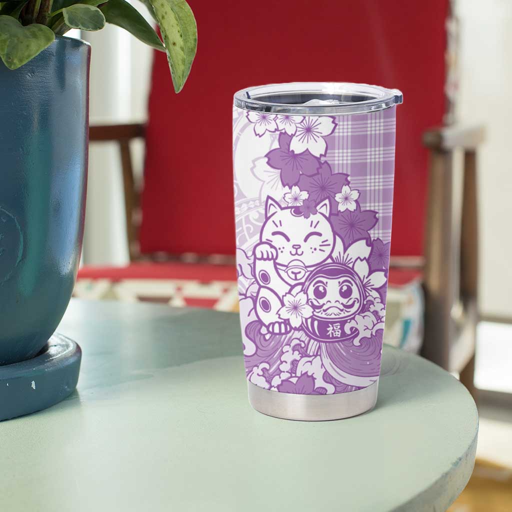 Purple Palaka Hawaiian And Japanese Tumbler Cup Maneki Neko And Sakura Bloom DT05 - Polynesian Pride