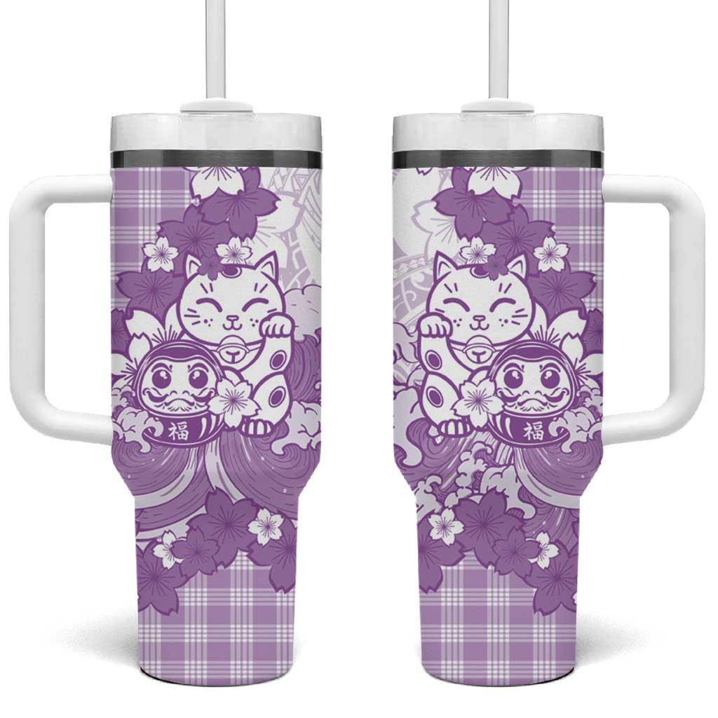Purple Palaka Hawaiian And Japanese Tumbler With Handle Maneki Neko And Sakura Bloom DT05 One Size: 40 oz Purple - Polynesian Pride