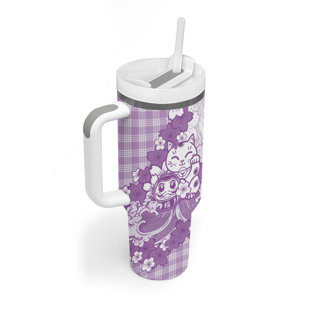 Purple Palaka Hawaiian And Japanese Tumbler With Handle Maneki Neko And Sakura Bloom DT05 - Polynesian Pride