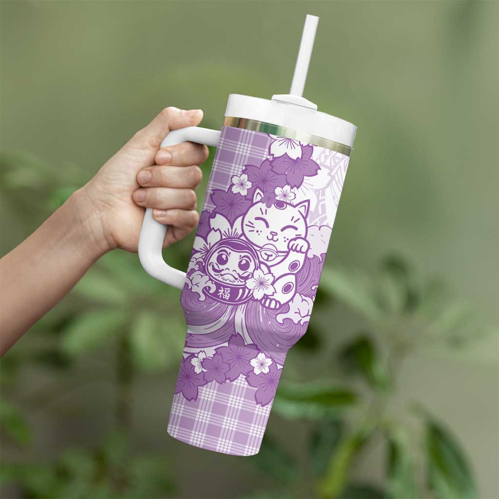Purple Palaka Hawaiian And Japanese Tumbler With Handle Maneki Neko And Sakura Bloom DT05 - Polynesian Pride