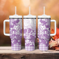 Purple Palaka Hawaiian And Japanese Tumbler With Handle Maneki Neko And Sakura Bloom DT05 - Polynesian Pride