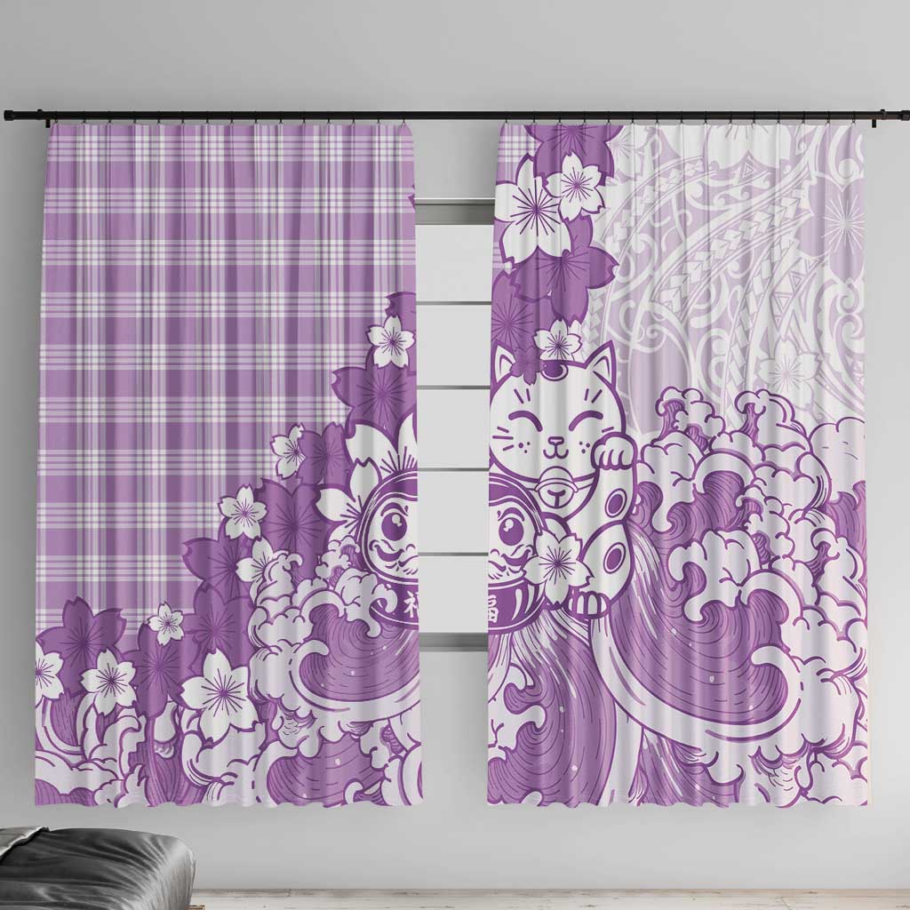 Purple Palaka Hawaiian And Japanese Window Curtain Maneki Neko And Sakura Bloom DT05 With Hooks Purple - Polynesian Pride
