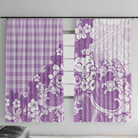 Purple Palaka Hawaiian And Japanese Window Curtain Maneki Neko And Sakura Bloom DT05 With Hooks Purple - Polynesian Pride