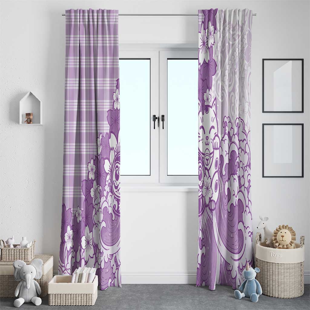 Purple Palaka Hawaiian And Japanese Window Curtain Maneki Neko And Sakura Bloom DT05 - Polynesian Pride