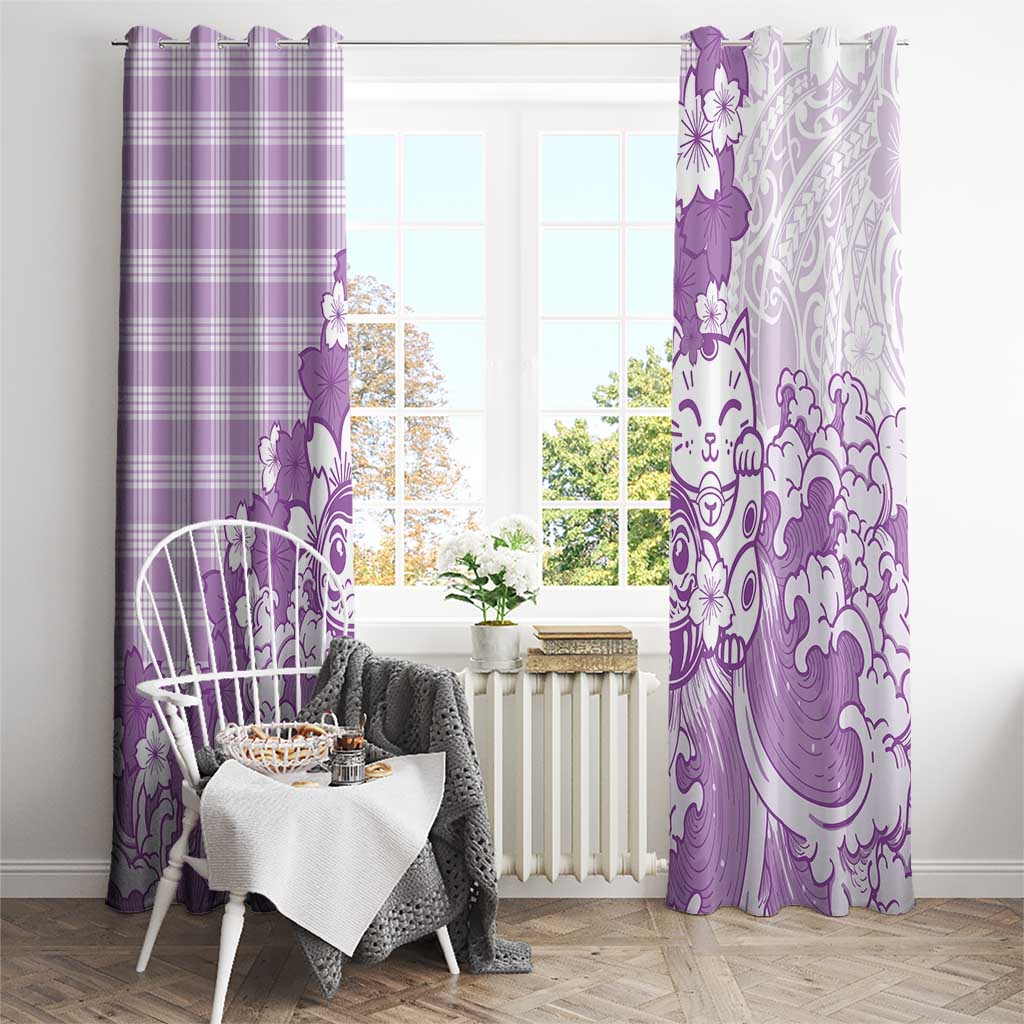 Purple Palaka Hawaiian And Japanese Window Curtain Maneki Neko And Sakura Bloom DT05 - Polynesian Pride
