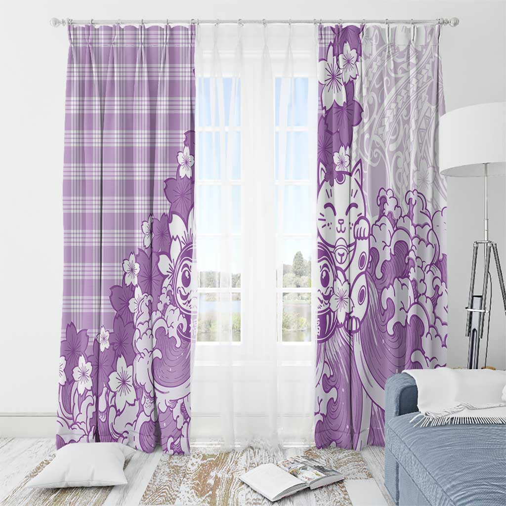 Purple Palaka Hawaiian And Japanese Window Curtain Maneki Neko And Sakura Bloom DT05 - Polynesian Pride
