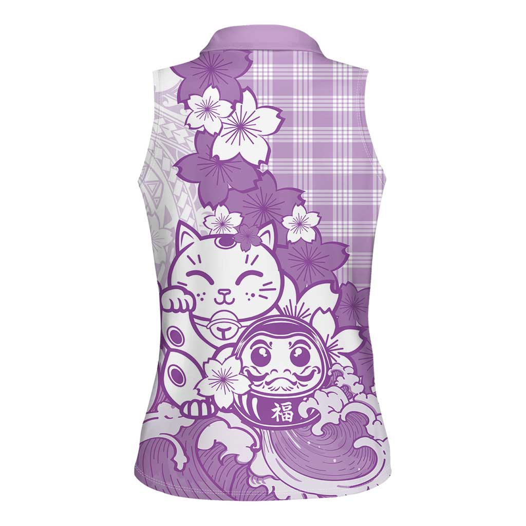 Purple Palaka Hawaiian And Japanese Women Sleeveless Polo Shirt Maneki Neko And Sakura Bloom