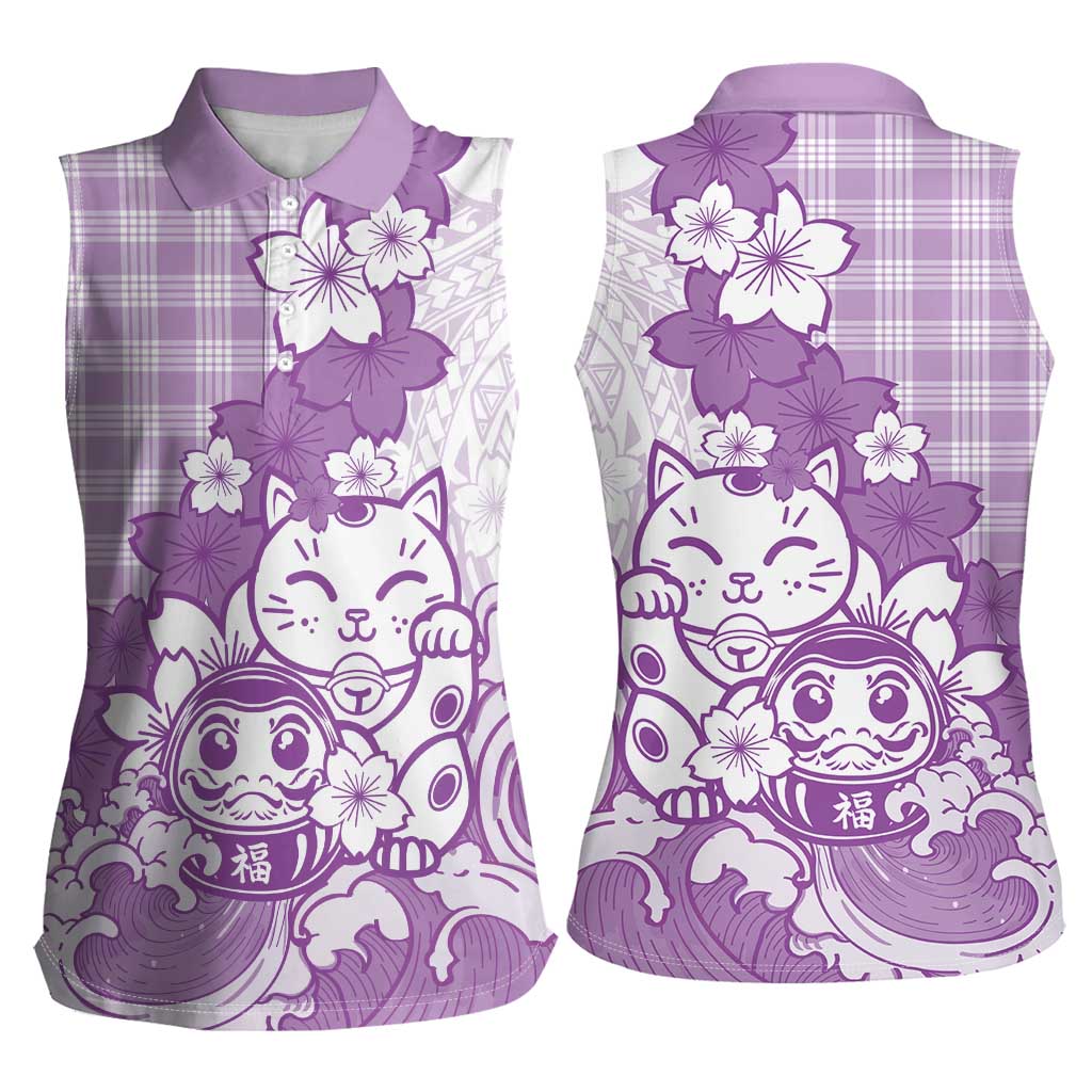 Purple Palaka Hawaiian And Japanese Women Sleeveless Polo Shirt Maneki Neko And Sakura Bloom