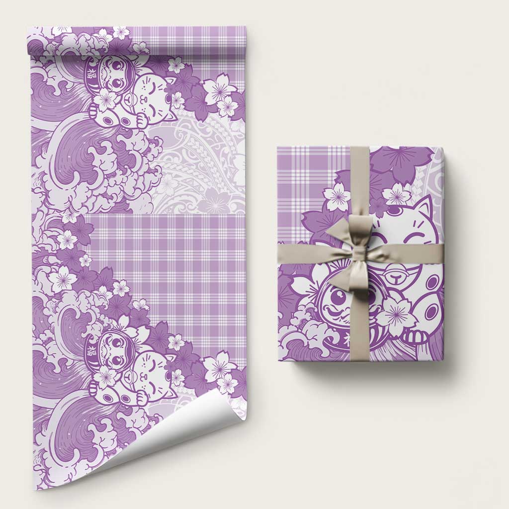Purple Palaka Hawaiian And Japanese Wrapping Paper Maneki Neko And Sakura Bloom DT05 58" × 23" Purple - Polynesian Pride