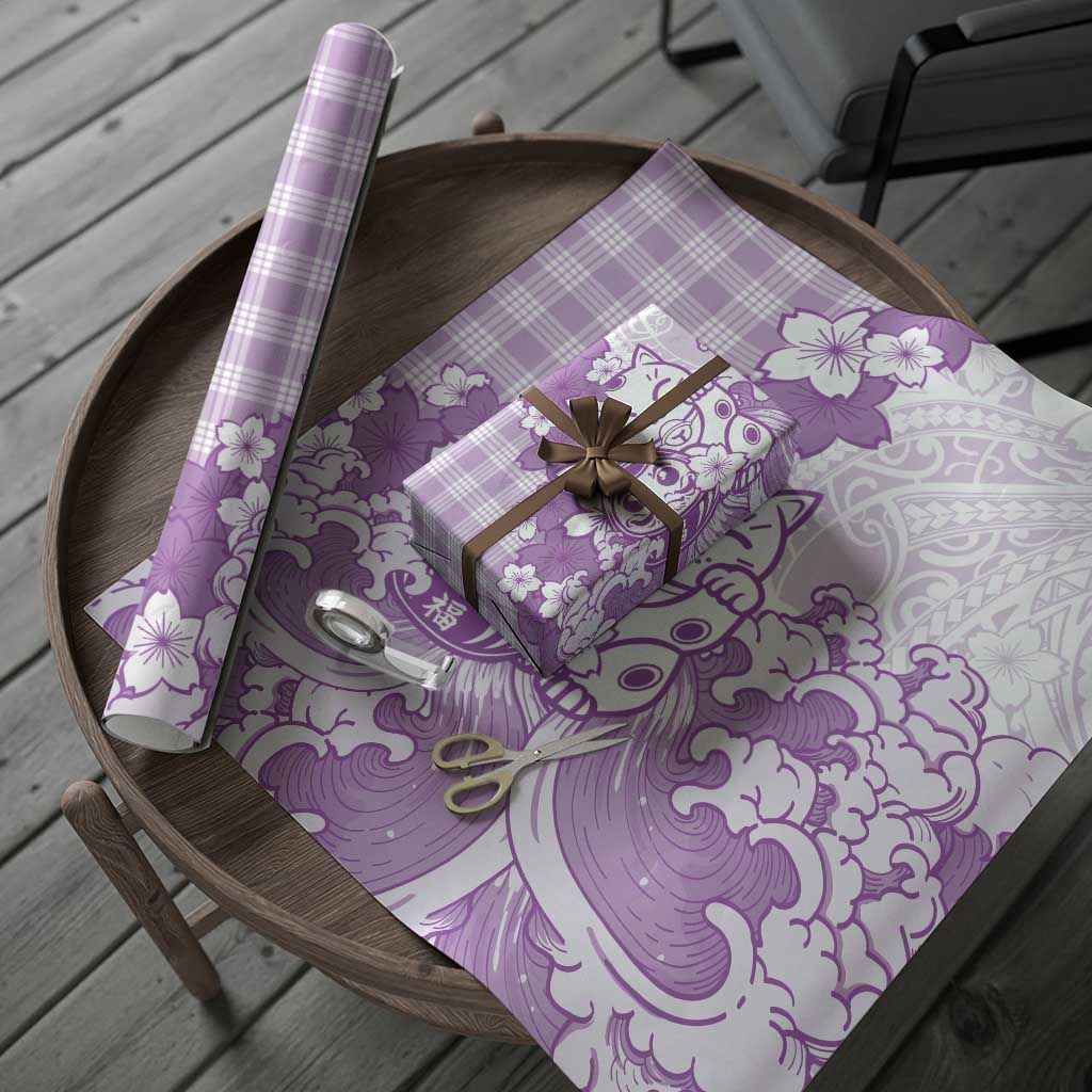 Purple Palaka Hawaiian And Japanese Wrapping Paper Maneki Neko And Sakura Bloom DT05 - Polynesian Pride