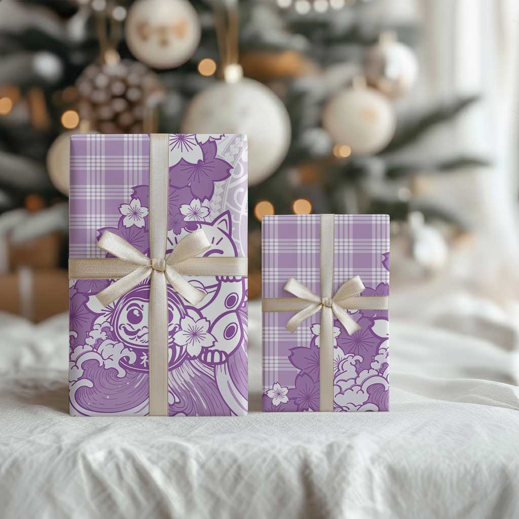 Purple Palaka Hawaiian And Japanese Wrapping Paper Maneki Neko And Sakura Bloom DT05 - Polynesian Pride