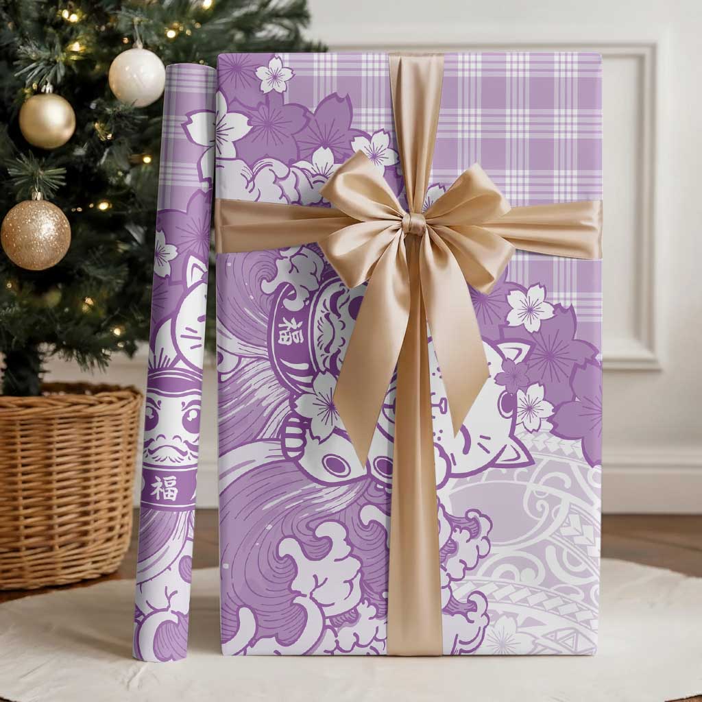 Purple Palaka Hawaiian And Japanese Wrapping Paper Maneki Neko And Sakura Bloom DT05 - Polynesian Pride