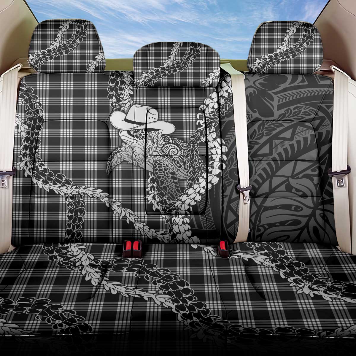 Black Hawaii Palaka Cowboy Turtle Back Car Seat Cover Hawaiian Paniolo Puakenikeni Maile Lei