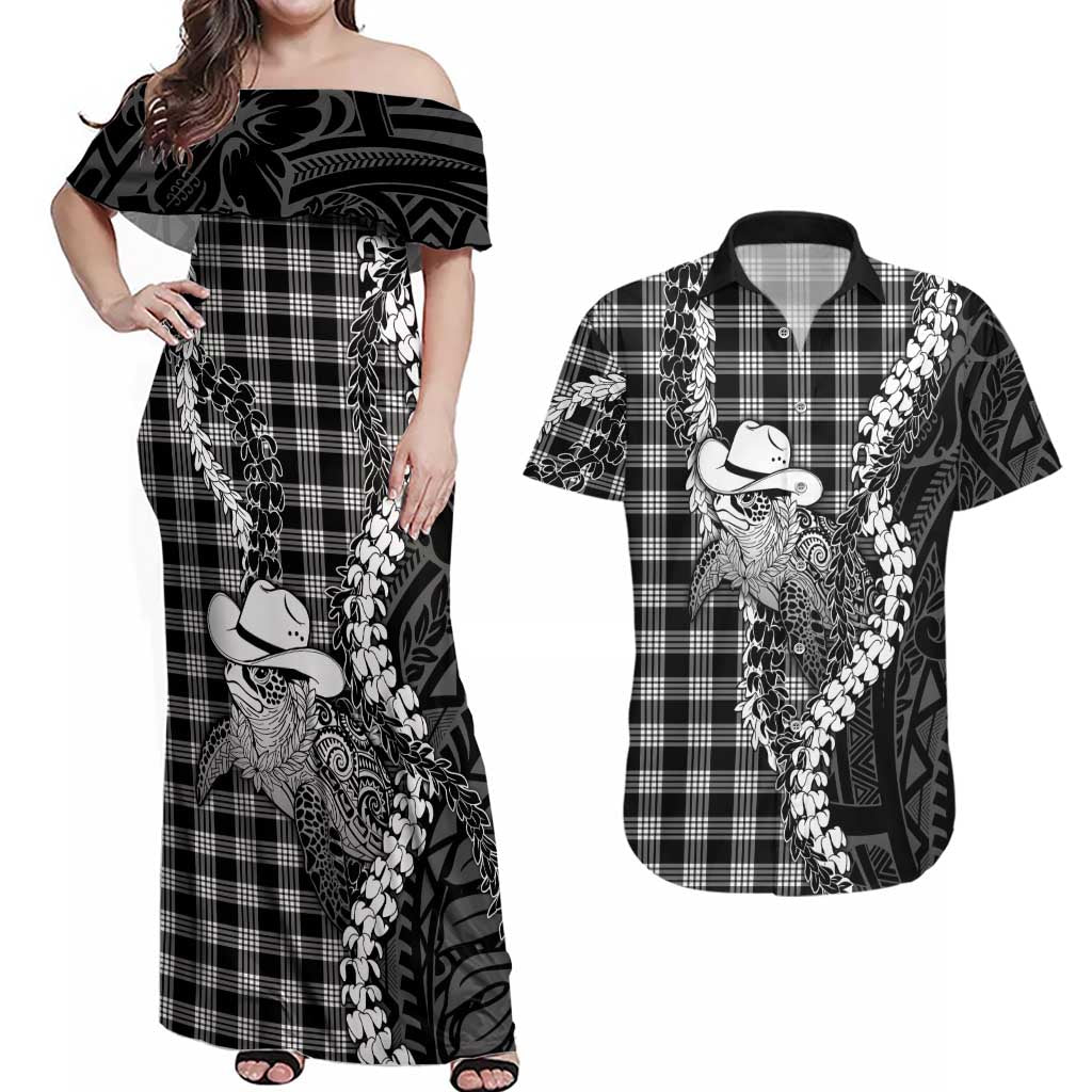 Black Hawaii Palaka Cowboy Turtle Couples Matching Off Shoulder Maxi Dress and Hawaiian Shirt Hawaiian Paniolo Puakenikeni Maile Lei