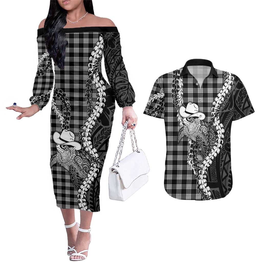 Black Hawaii Palaka Cowboy Turtle Couples Matching Off The Shoulder Long Sleeve Dress and Hawaiian Shirt Hawaiian Paniolo Puakenikeni Maile Lei