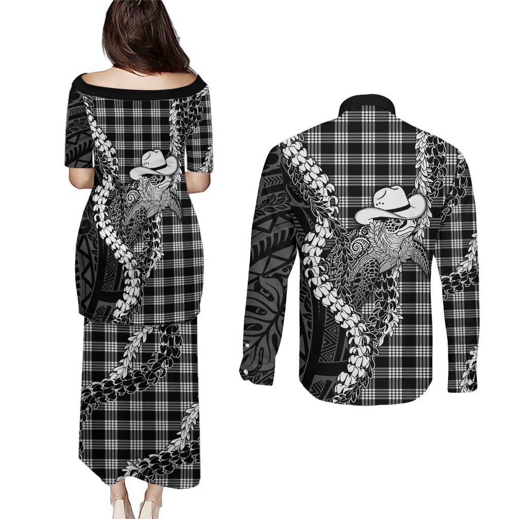 Black Hawaii Palaka Cowboy Turtle Couples Matching Puletasi and Long Sleeve Button Shirt Hawaiian Paniolo Puakenikeni Maile Lei