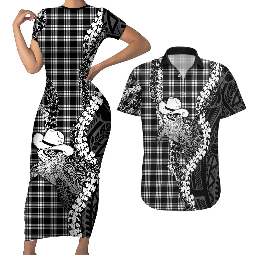 Black Hawaii Palaka Cowboy Turtle Couples Matching Short Sleeve Bodycon Dress and Hawaiian Shirt Hawaiian Paniolo Puakenikeni Maile Lei