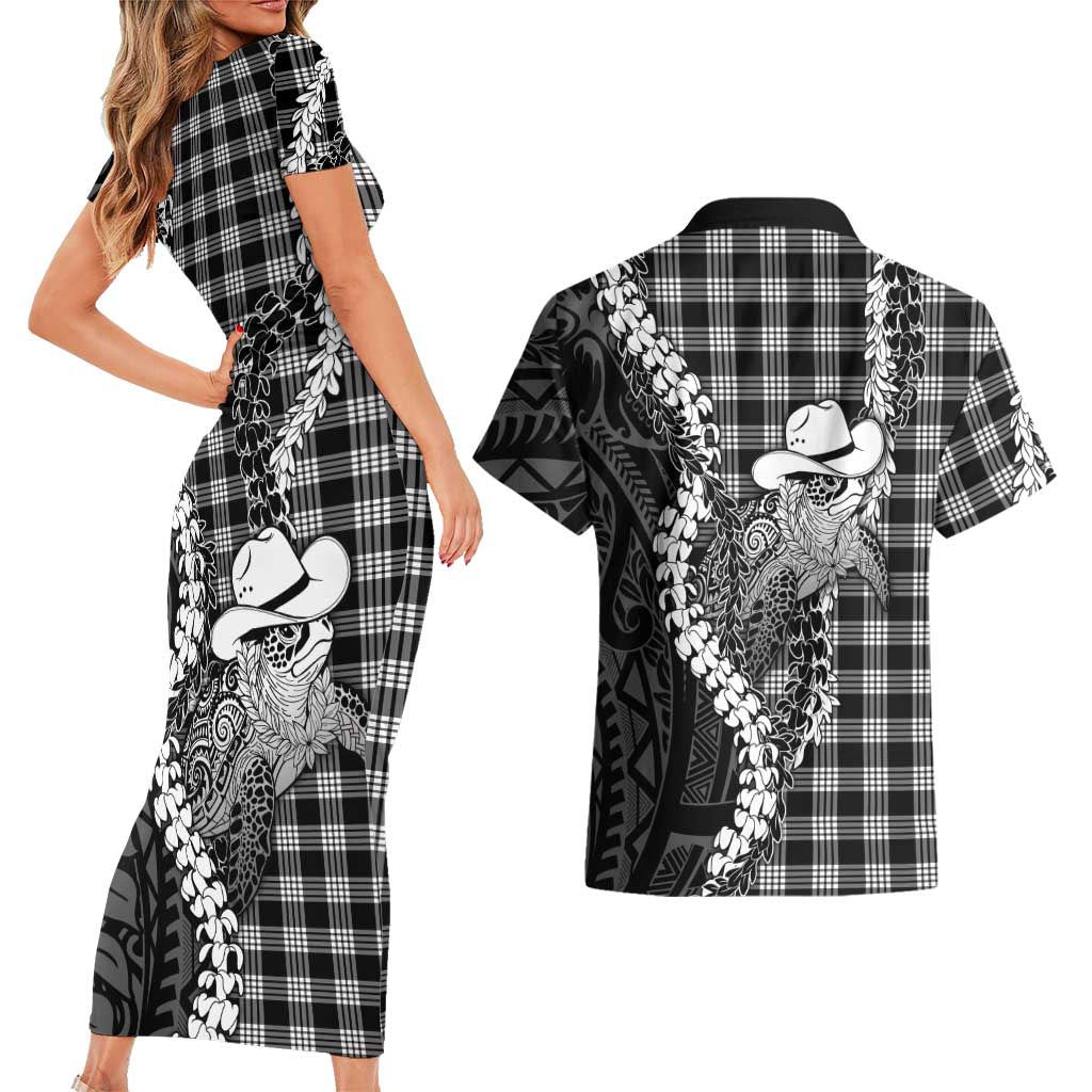 Black Hawaii Palaka Cowboy Turtle Couples Matching Short Sleeve Bodycon Dress and Hawaiian Shirt Hawaiian Paniolo Puakenikeni Maile Lei
