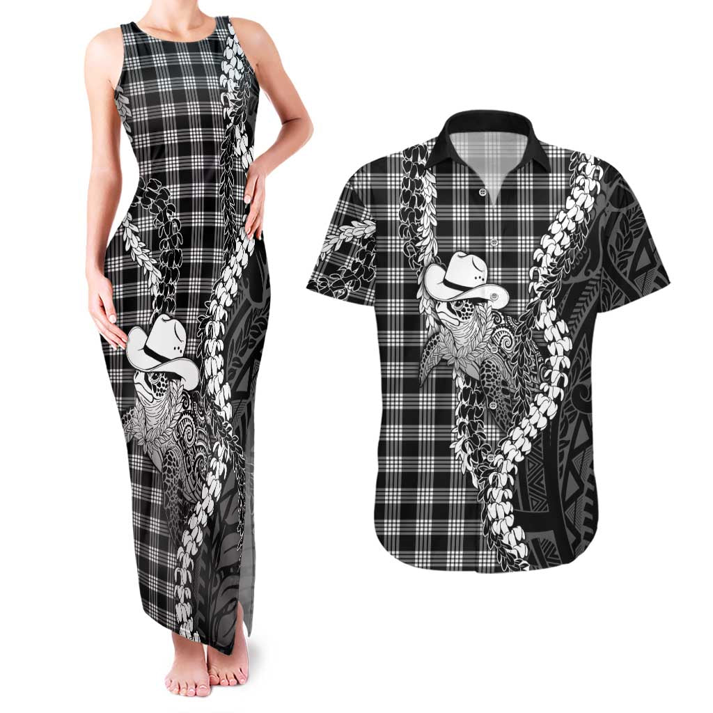 Black Hawaii Palaka Cowboy Turtle Couples Matching Tank Maxi Dress and Hawaiian Shirt Hawaiian Paniolo Puakenikeni Maile Lei