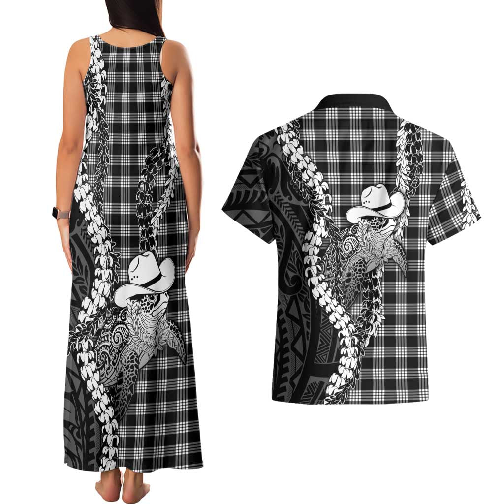 Black Hawaii Palaka Cowboy Turtle Couples Matching Tank Maxi Dress and Hawaiian Shirt Hawaiian Paniolo Puakenikeni Maile Lei