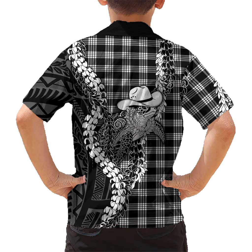 Black Hawaii Palaka Cowboy Turtle Family Matching Off The Shoulder Long Sleeve Dress and Hawaiian Shirt Hawaiian Paniolo Puakenikeni Maile Lei