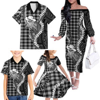 Black Hawaii Palaka Cowboy Turtle Family Matching Off The Shoulder Long Sleeve Dress and Hawaiian Shirt Hawaiian Paniolo Puakenikeni Maile Lei