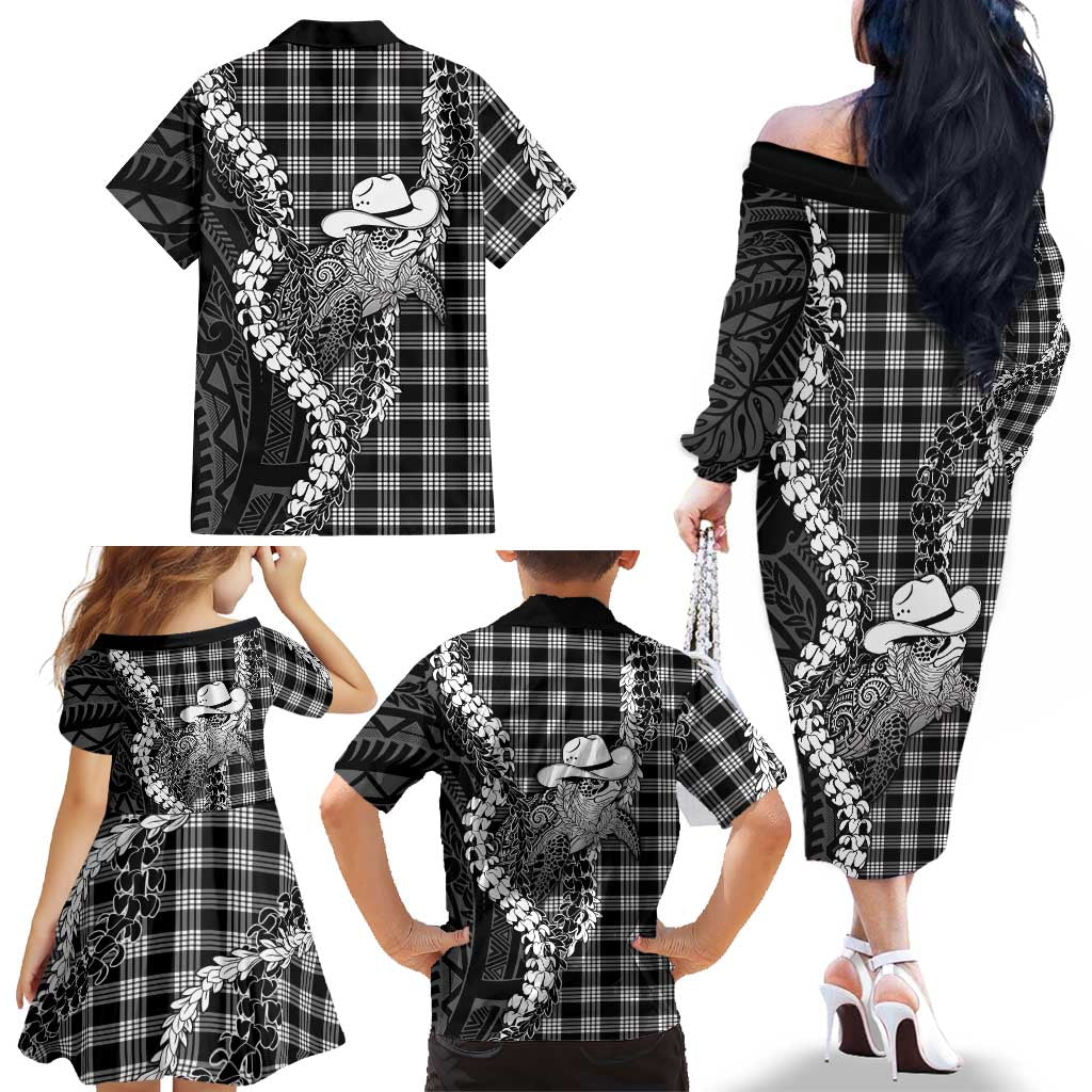 Black Hawaii Palaka Cowboy Turtle Family Matching Off The Shoulder Long Sleeve Dress and Hawaiian Shirt Hawaiian Paniolo Puakenikeni Maile Lei