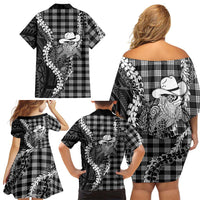 Black Hawaii Palaka Cowboy Turtle Family Matching Off Shoulder Short Dress and Hawaiian Shirt Hawaiian Paniolo Puakenikeni Maile Lei