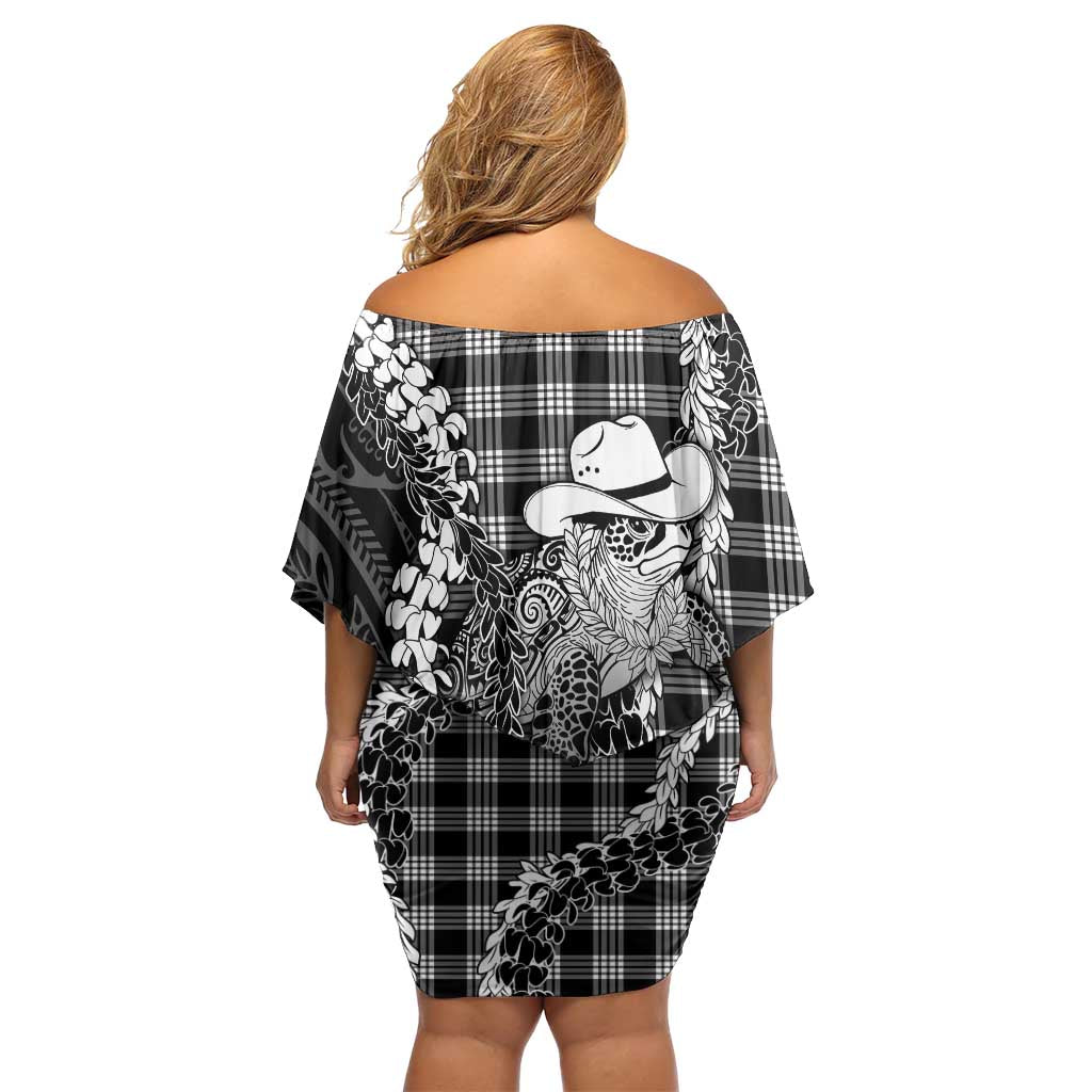 Black Hawaii Palaka Cowboy Turtle Family Matching Off Shoulder Short Dress and Hawaiian Shirt Hawaiian Paniolo Puakenikeni Maile Lei