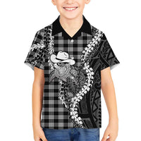 Black Hawaii Palaka Cowboy Turtle Family Matching Off Shoulder Short Dress and Hawaiian Shirt Hawaiian Paniolo Puakenikeni Maile Lei