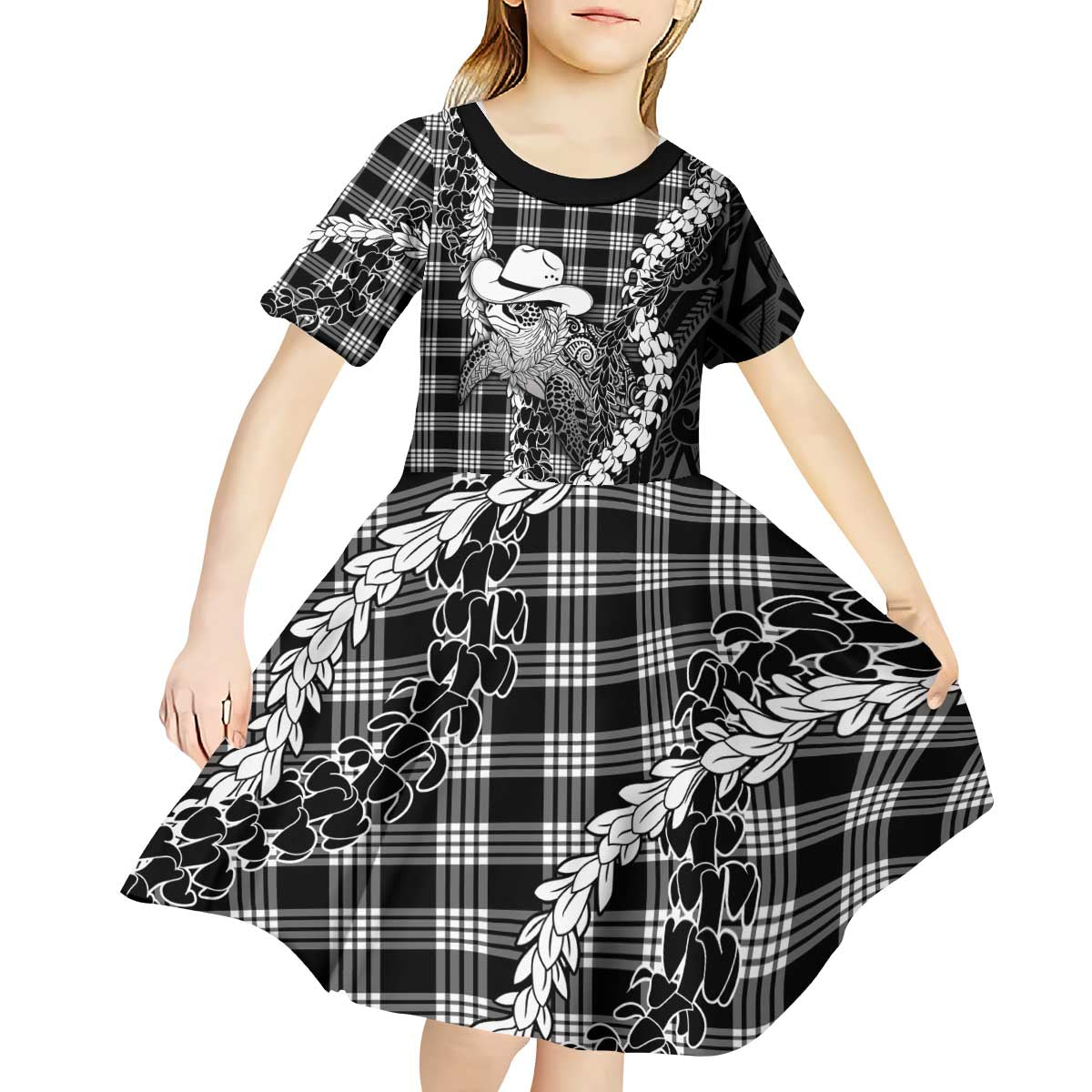 Black Hawaii Palaka Cowboy Turtle Kid Short Sleeve Dress Hawaiian Paniolo Puakenikeni Maile Lei