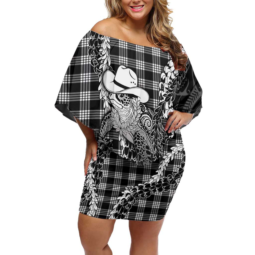 Black Hawaii Palaka Cowboy Turtle Off Shoulder Short Dress Hawaiian Paniolo Puakenikeni Maile Lei