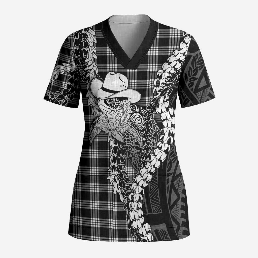Black Hawaii Palaka Cowboy Turtle Scrub Top Hawaiian Paniolo Puakenikeni Maile Lei