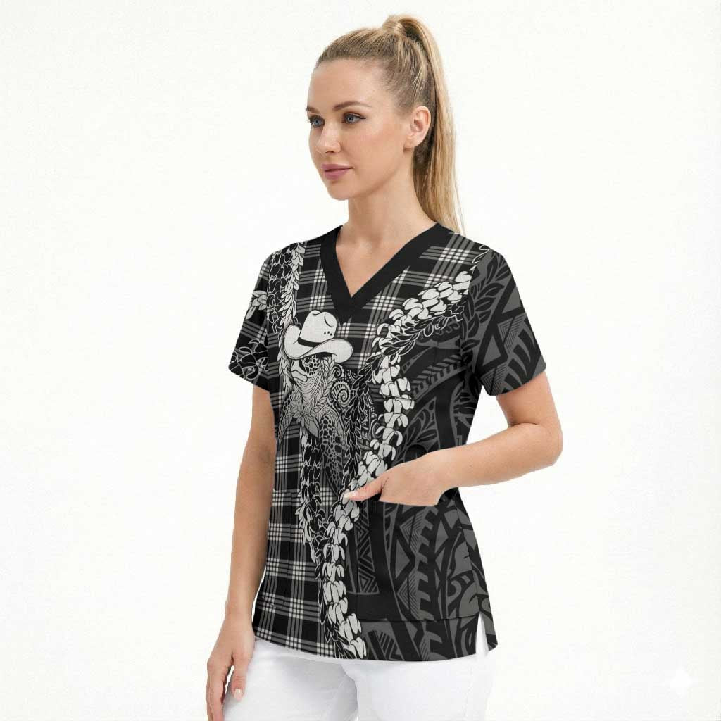 Black Hawaii Palaka Cowboy Turtle Scrub Top Hawaiian Paniolo Puakenikeni Maile Lei DT05 - Polynesian Pride