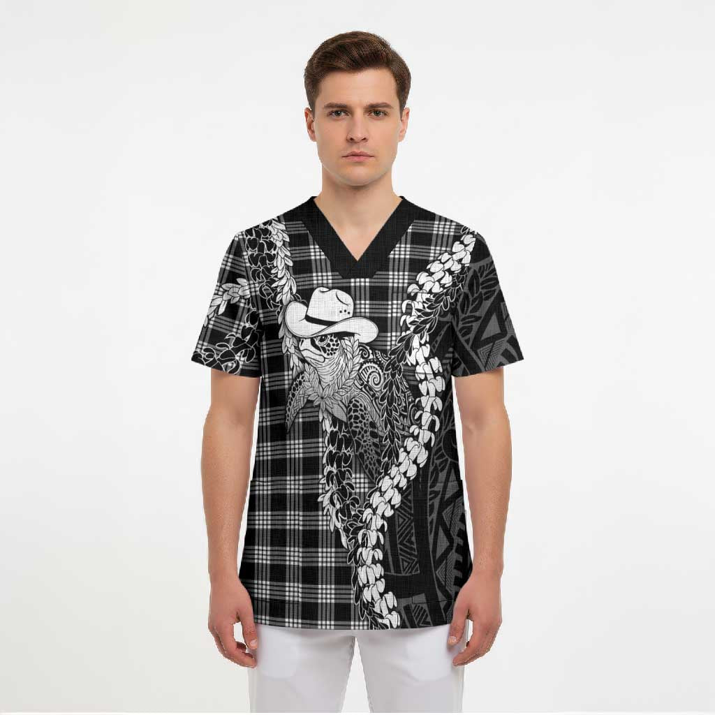 Black Hawaii Palaka Cowboy Turtle Scrub Top Hawaiian Paniolo Puakenikeni Maile Lei DT05 - Polynesian Pride