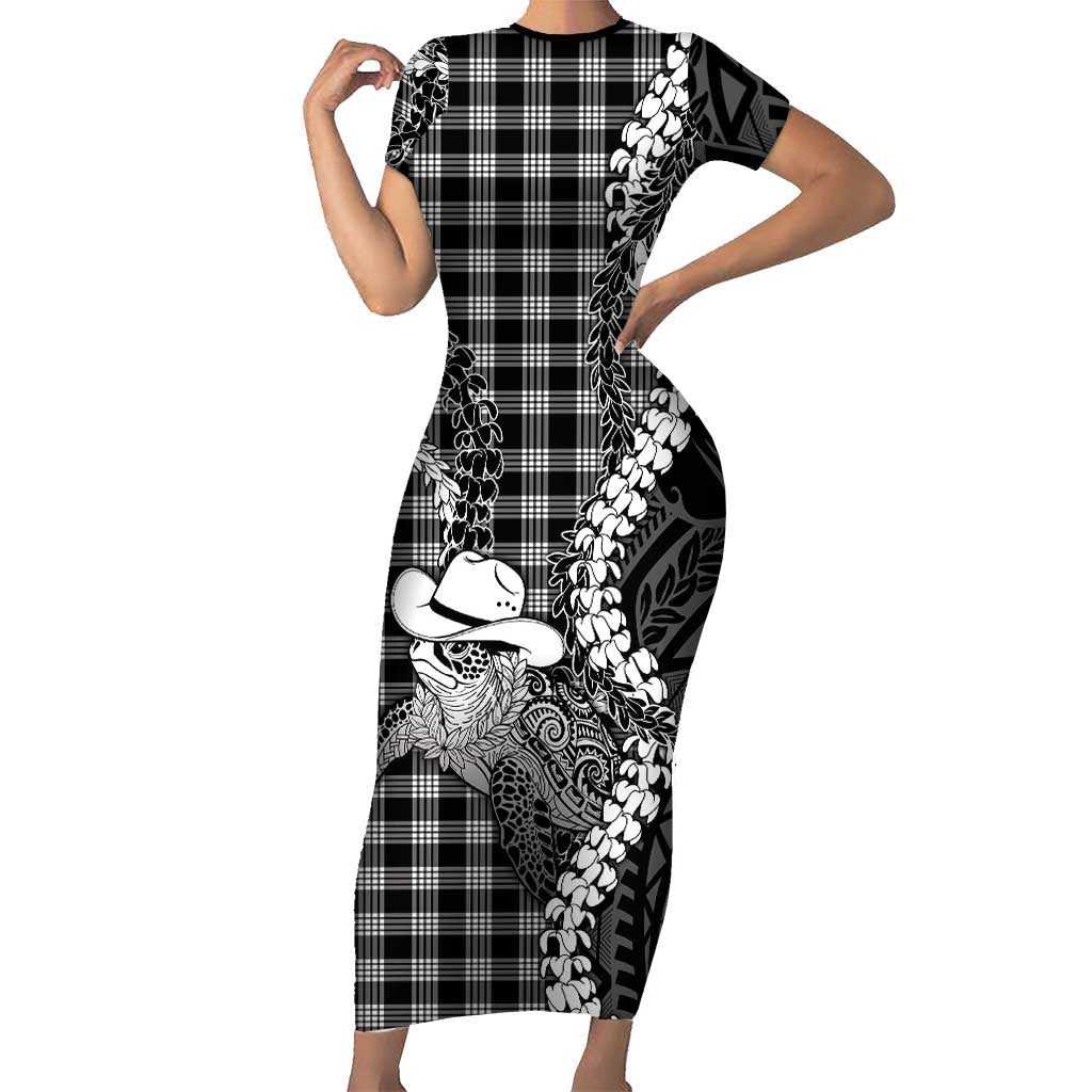 Black Hawaii Palaka Cowboy Turtle Short Sleeve Bodycon Dress Hawaiian Paniolo Puakenikeni Maile Lei