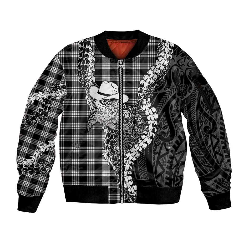Black Hawaii Palaka Cowboy Turtle Sleeve Zip Bomber Jacket Hawaiian Paniolo Puakenikeni Maile Lei