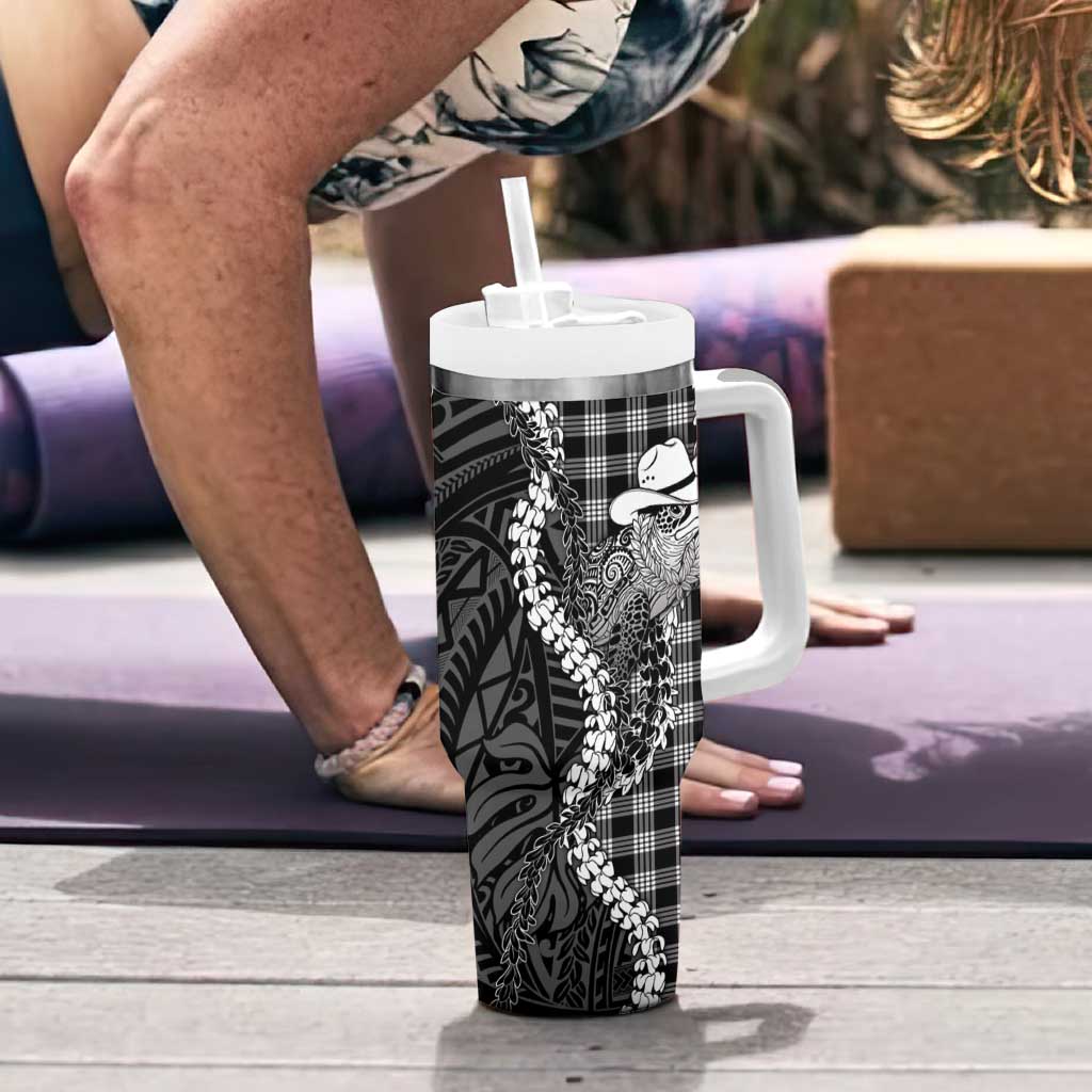 Black Hawaii Palaka Cowboy Turtle Tumbler With Handle Hawaiian Paniolo Puakenikeni Maile Lei