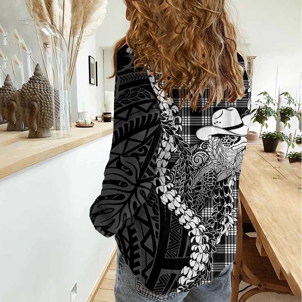 Black Hawaii Palaka Cowboy Turtle Women Casual Shirt Hawaiian Paniolo Puakenikeni Maile Lei