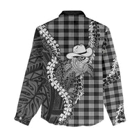Black Hawaii Palaka Cowboy Turtle Women Casual Shirt Hawaiian Paniolo Puakenikeni Maile Lei