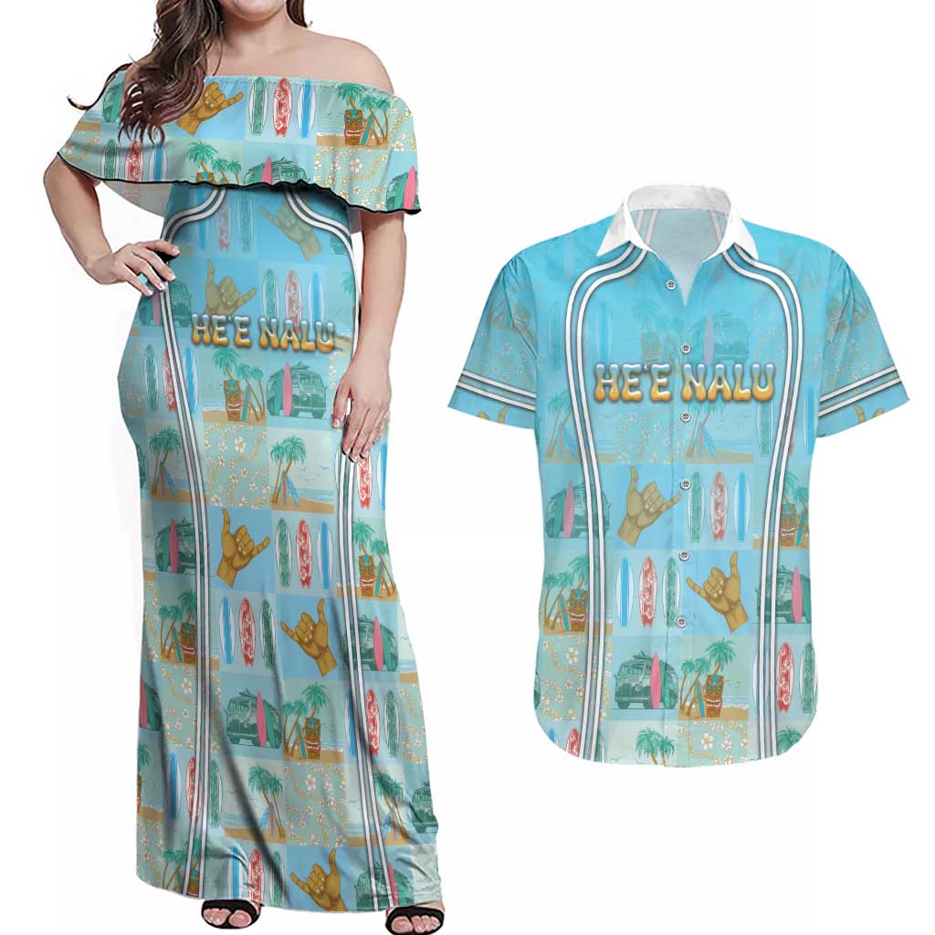 Custom Hawaii Surfing Couples Matching Off Shoulder Maxi Dress and Hawaiian Shirt He'e Nalu DT05 Blue - Polynesian Pride