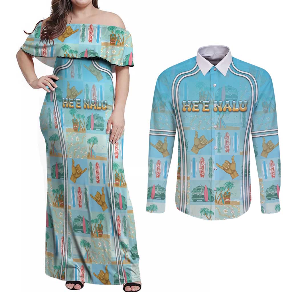 Custom Hawaii Surfing Couples Matching Off Shoulder Maxi Dress and Long Sleeve Button Shirt He'e Nalu DT05 Blue - Polynesian Pride