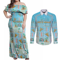 Custom Hawaii Surfing Couples Matching Off Shoulder Maxi Dress and Long Sleeve Button Shirt He'e Nalu DT05 Blue - Polynesian Pride