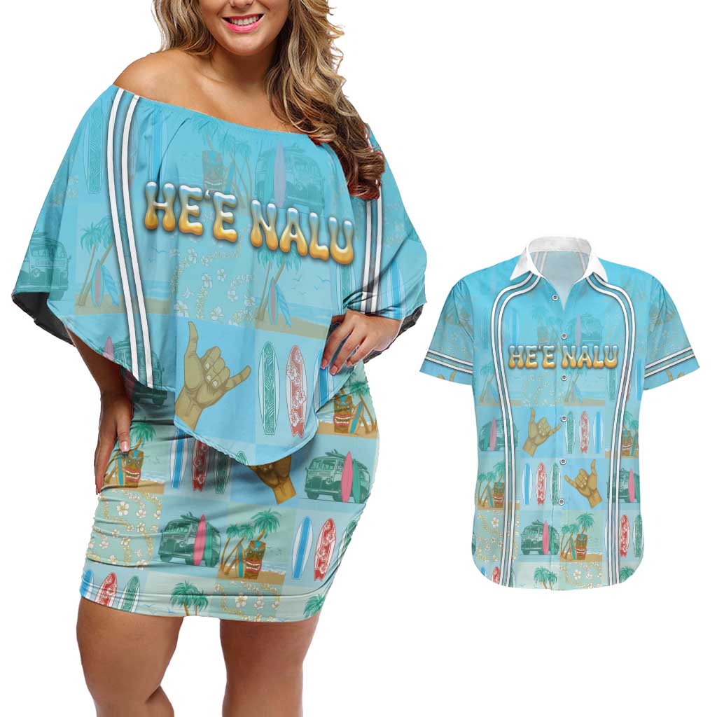 Custom Hawaii Surfing Couples Matching Off Shoulder Short Dress and Hawaiian Shirt He'e Nalu DT05 Blue - Polynesian Pride