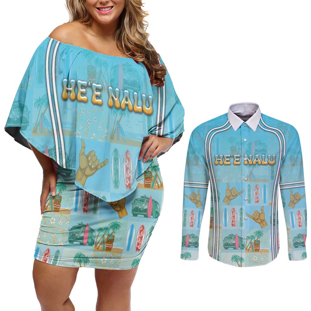Custom Hawaii Surfing Couples Matching Off Shoulder Short Dress and Long Sleeve Button Shirt He'e Nalu DT05 Blue - Polynesian Pride