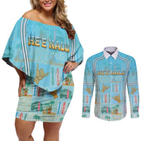 Custom Hawaii Surfing Couples Matching Off Shoulder Short Dress and Long Sleeve Button Shirt He'e Nalu DT05 Blue - Polynesian Pride