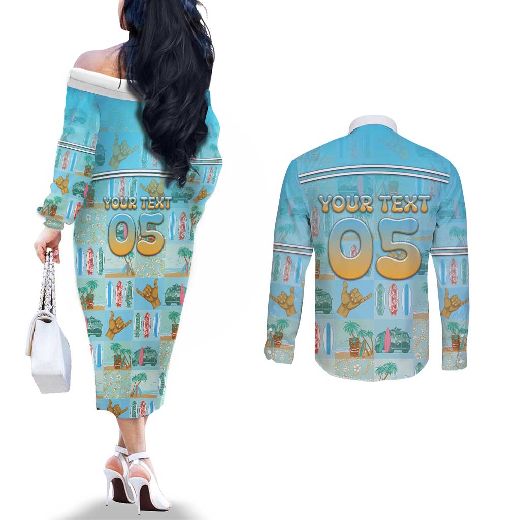 Custom Hawaii Surfing Couples Matching Off The Shoulder Long Sleeve Dress and Long Sleeve Button Shirt He'e Nalu DT05 - Polynesian Pride