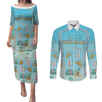 Custom Hawaii Surfing Couples Matching Puletasi and Long Sleeve Button Shirt He'e Nalu DT05 Blue - Polynesian Pride
