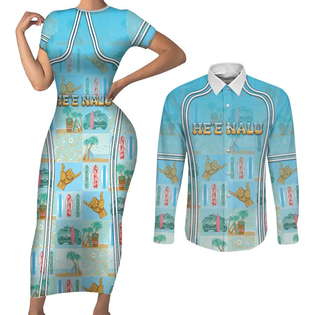 Custom Hawaii Surfing Couples Matching Short Sleeve Bodycon Dress and Long Sleeve Button Shirt He'e Nalu